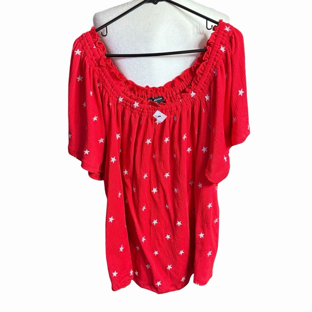 Lane Bryant Smocked Square-Neck Convertible Top Red Stars 22/24 Relaxed Comfort